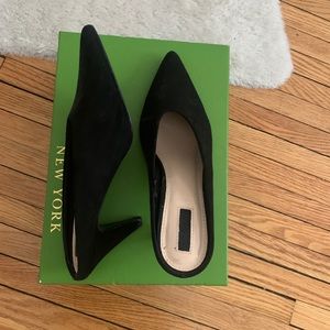 Black faux suede pointy mule heels, 7.5